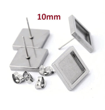 E229 - 6 pcs. Stainless Steel Silver Tone Square Earring Posts Studs Settings Bezels Cabochons Tacks- 10mm x 10mm Glue Pad Setting