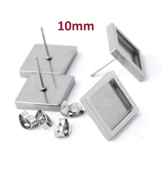 E229 - 6 pcs. Stainless Steel Silver Tone Square Earring Posts Studs Settings Bezels Cabochons Tacks- 10mm x 10mm Glue Pad Setting