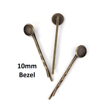 H074 -  10 pcs. - Antique Bronze Hair Bobby Pins Cabochons Bezels - 58mm x 12mm - 10mm Glue Pad