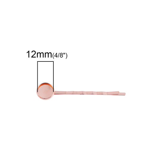 H040 - 10 pcs. - Rose Gold Plated Hair Bobby Pins Cabochons Bezels - 61mm x 14mm (2.4" x 0.55") - 12mm Glue Pad