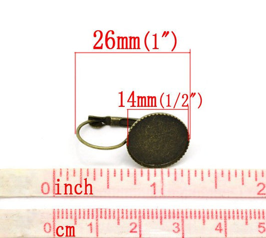 E044 - 10 pcs. Antique Bronze Earring Clips Settings Lever Back Bezels Cabochons - 14mm Glue Pad Setting