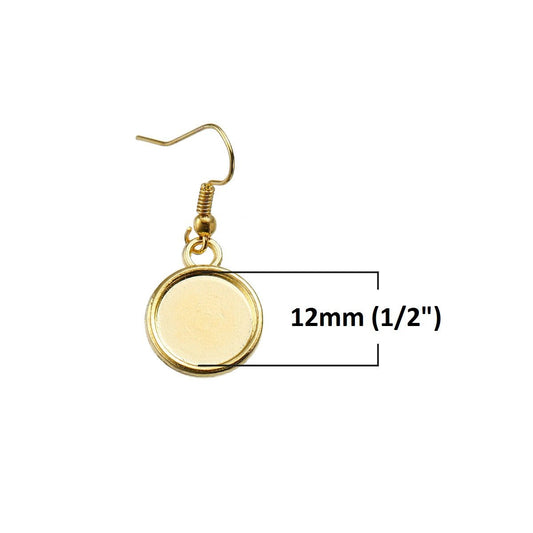E101 - 10 pcs. Gold Plated Earring Dangle Hooks Settings Bezels Cabochons - 12mm Glue Pad Setting