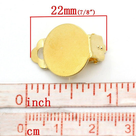 E121A - 10 pcs. Gold Plated Hinged Earring Posts Studs Clips Settings Cabochons Posts - 15mm Glue Pad Setting