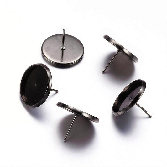 E133 - 10 pcs. Gunmetal Earring Posts Settings Bezels Cabochons Tacks- 14mm Glue Pad Setting