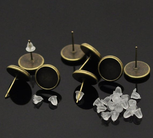 E172 - 30 pcs. Antique Bronze Earring Posts Studs Settings Bezels Cabochons Tacks- 10mm Glue Pad Setting