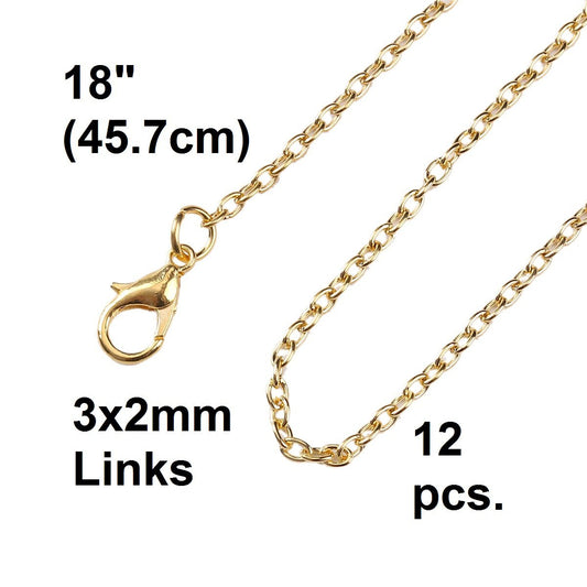 N043 - 12 pcs. Gold Plated Cable Chain Link Necklaces 18" - (3mm x 2mm) - Lobster Clasps - Claw Clasps - 3x2mm - 2x3mm