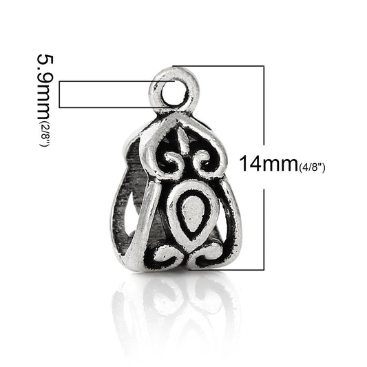 BA014A - 50pcs. Antique Silver Dangle Triangle Filigree Slider Spacer Bails with Loop - 14mm X 8mm - Fits European Cords
