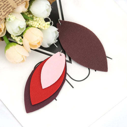 P165 - 10 pcs. Burgundy Red Pink Faux Leather Dangle Charms Pendants - Leaf - Triple Layer - 71mm (2.8") - Great for Light Earrings or Dangles!