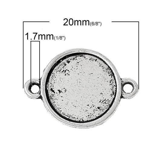 P363 - 10 pcs. Antique Silver Circle Round Bezel Cabochon Cameo Connector Tags Trays - 12mm Glue Pad