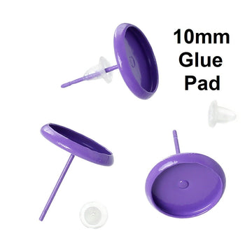 E166 - 50 pcs. Purple Earring Posts Studs Settings Bezels Cabochons Tacks- 10mm Glue Pad Setting
