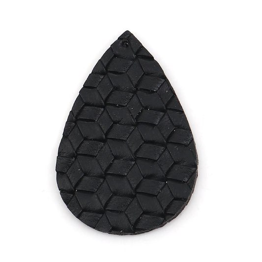P029 - 10 pcs. Black Faux Leather Dangle Charms Pendants - Teardrop Weave - 56mm (2.2") - Great for Light Earrings or Dangles! Double-Sided