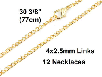 N070 - 12 pcs. Gold Plated Cable Chain Link Necklaces 30 3/8" - (4mm x 2.5mm) - Lobster Clasps - Claw Clasps