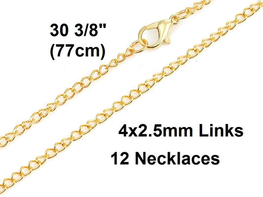 N070 - 12 pcs. Gold Plated Cable Chain Link Necklaces 30 3/8" - (4mm x 2.5mm) - Lobster Clasps - Claw Clasps