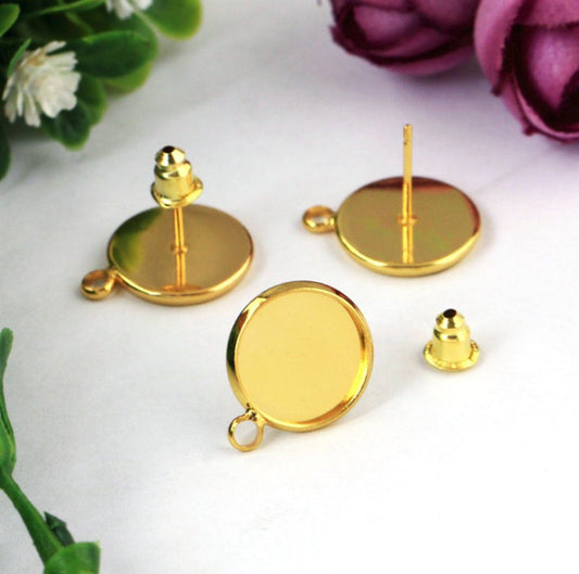 E095 - 10 pcs. Gold Plated Earring Posts Studs Settings Bezels Cabochons Tacks with Loop - 10mm Glue Pad Setting