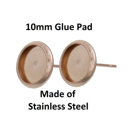 E303 - 10 pcs. Stainless Steel Rose Gold Plated Earring Posts Studs Settings Bezels Cabochons Tacks- 10mm Glue Pad Setting - with Stoppers!