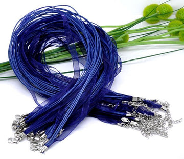 N030 - 15 pcs. Dark Blue Organza Ribbon Waxen Cord Necklaces with Lobster Clasp - 17 inch (43 cm) - Claw Clasp
