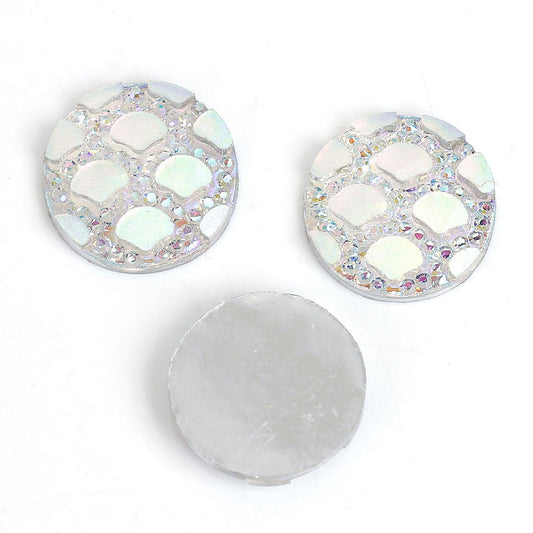 CA1031 - 100 pcs Resin Embellishment Druzy Cabochons White Glitter with Dots Iridescent Multicolor AB - 12mm (1/2 in) - Pattern