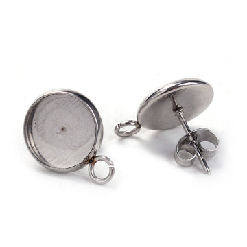 E096 - 10 pcs. 304 Stainless Steel Earring Posts Studs Settings Bezels Cabochons Tacks with Loop - 8mm Glue Pad Setting