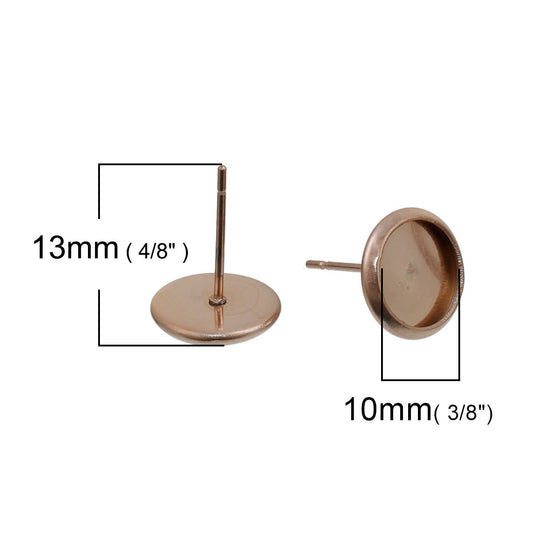 E303 - 10 pcs. Stainless Steel Rose Gold Plated Earring Posts Studs Settings Bezels Cabochons Tacks- 10mm Glue Pad Setting - with Stoppers!