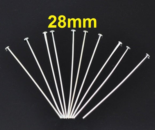 A009 - 90pcs. Silver Plated Flat Head Pins - 28mm x 0.5mm - 24 Gauge - Made of Copper! - 1 1/8"