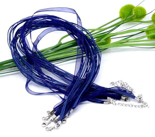 N030 - 15 pcs. Dark Blue Organza Ribbon Waxen Cord Necklaces with Lobster Clasp - 17 inch (43 cm) - Claw Clasp