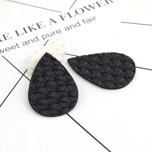 P029 - 10 pcs. Black Faux Leather Dangle Charms Pendants - Teardrop Weave - 56mm (2.2") - Great for Light Earrings or Dangles! Double-Sided