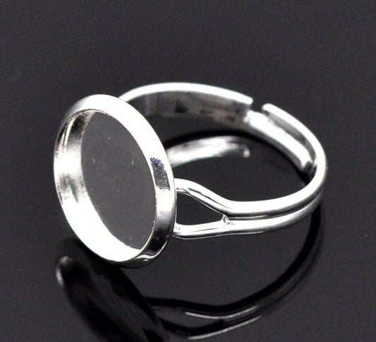 RB021 - 20 pcs. Silver Plated ADJUSTABLE Cabochon Setting Bezel RING bases settings - Ring Size 6.25 US - Glue Pad 12mm (0.47 in)