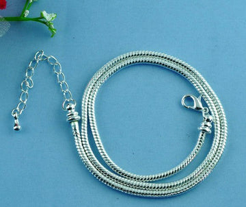 N071 - 2 pcs Silver Plated Snake Chain Necklaces with Lobster Claw Clasps 17.7" (45cm) - (3mm THICK) - Screw end - Fits European & Large Hole Beads