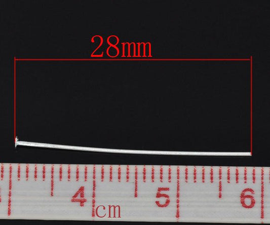 A009 - 90pcs. Silver Plated Flat Head Pins - 28mm x 0.5mm - 24 Gauge - Made of Copper! - 1 1/8"