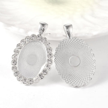 P515 - 2 pcs. Silver Plated Rhinestone Pendant Trays Oval Posts Settings Bezels Cabochons - 25mm x 18mm Glue Pad