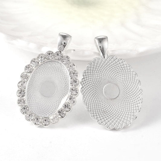 P515 - 2 pcs. Silver Plated Rhinestone Pendant Trays Oval Posts Settings Bezels Cabochons - 25mm x 18mm Glue Pad
