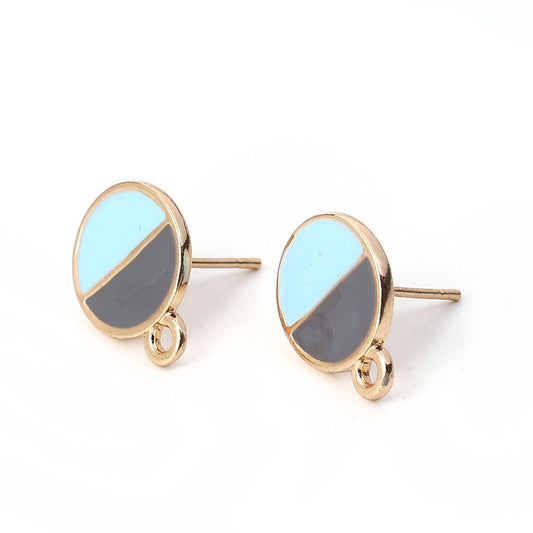 E344 - 10 pcs. Gold Plated Round Earring Posts Studs with Loop Cabochons Tacks - Blue Gray Enamel - 12mm Diameter - Hole Size: 1.8mm