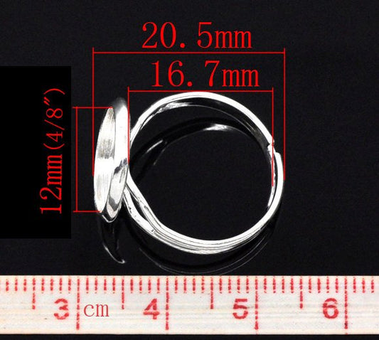 RB021 - 20 pcs. Silver Plated ADJUSTABLE Cabochon Setting Bezel RING bases settings - Ring Size 6.25 US - Glue Pad 12mm (0.47 in)