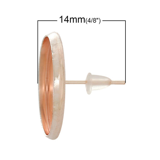 E269 - 20 pcs. Rose Gold Plated Earring Posts Studs Settings Bezels Cabochons Tacks- 18mm Glue Pad Setting - With Rubber Stoppers!
