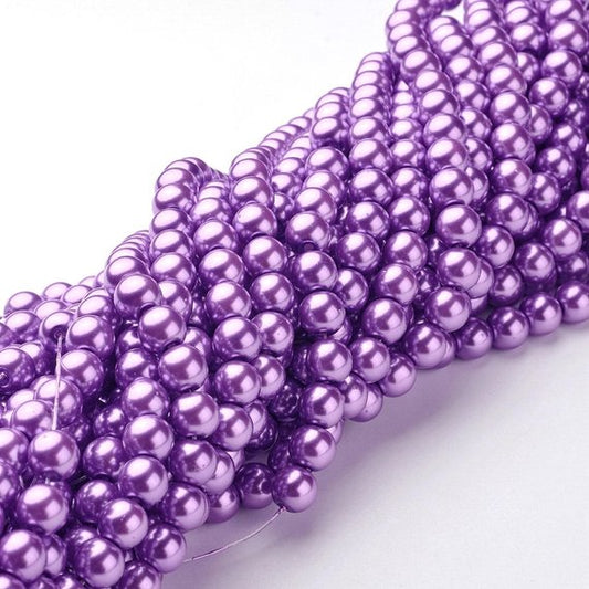 BD130 - 8mm Purple Violet Glass Pearl Imitation Round Beads - 32 inch strand (105 pieces) - Hole Size: 1mm