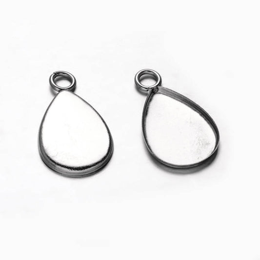 P365 - 10 pcs. Stainless Steel Teardrop Bezel Cabochon Pendant Tags Trays - 14mm x 10mm Glue Pad - Setting - Silver Tone - Tarnish Resistant!