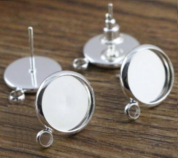 E097 - 10 pcs. Silver Plated Earring Posts Studs Settings Bezels Cabochons Tacks with Loop - 10mm Glue Pad Setting