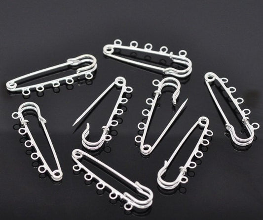 A016 - 15 pcs Silver Plated Broocher Brooch 5 Holes Safety Pins Brooches - 50mm (2 inch) - Kilt Pins
