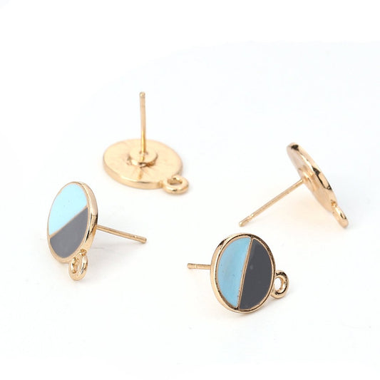 E344 - 10 pcs. Gold Plated Round Earring Posts Studs with Loop Cabochons Tacks - Blue Gray Enamel - 12mm Diameter - Hole Size: 1.8mm