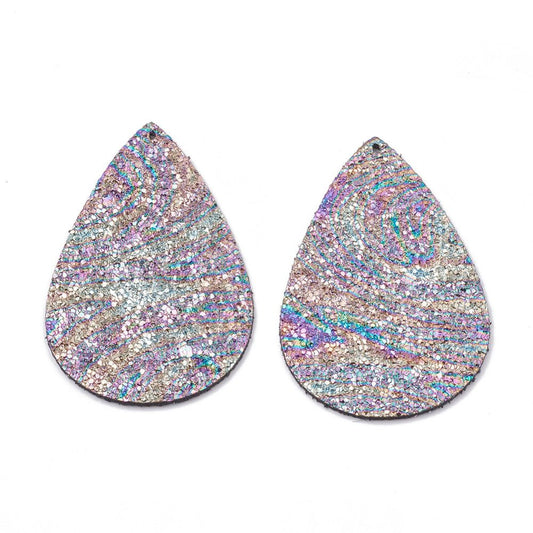 P152 - 10 pcs. Purple Filigree Multicolor Glitter Faux Leather Dangle Charms Pendants - Teardrop - 55mm (2.17") - Great for Earrings! Double Sided