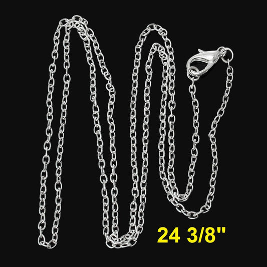 N072 - 12 pcs. Silver Plated Cable Chain Link Necklaces 24 3/8" - (3 x 2mm) - Lobster Clasps - Claw Clasps