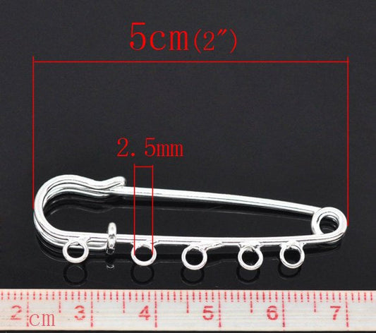 A016 - 15 pcs Silver Plated Broocher Brooch 5 Holes Safety Pins Brooches - 50mm (2 inch) - Kilt Pins