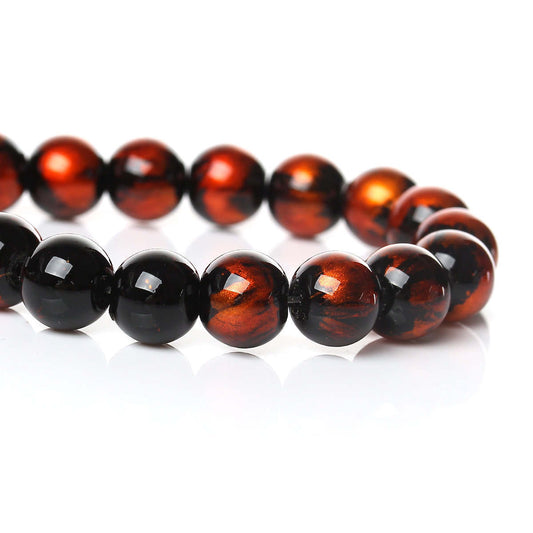 BD815 - 80 pcs Black and Orange Pearl Swirl Glass Round Loose Beads - 10mm - Hole Size: 1mm - 30.5" Strand