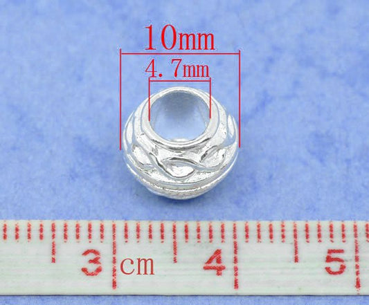 BD017 - 40 pcs. Silver Plated Round Lantern Pot Spacer Beads - 10mm - Hole Size: 4.7mm - Fits European Cord and Paracord!