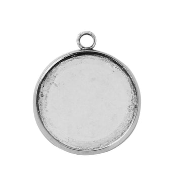 P517 - 10pcs. Antique Silver Circle Round Bezel Cabochon Pendant Tags Trays - 18mm Glue Pad