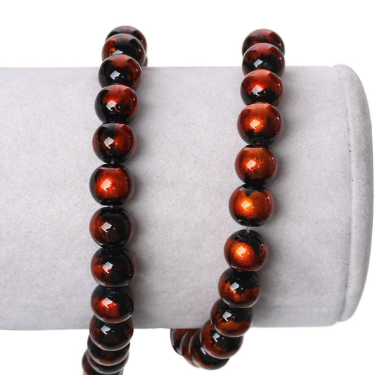 BD815 - 80 pcs Black and Orange Pearl Swirl Glass Round Loose Beads - 10mm - Hole Size: 1mm - 30.5" Strand