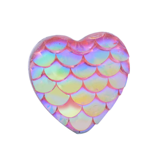CA320 - 10 pcs Mermaid Fish Scales Resin Carved Embellishment Cabochons - Coral Pink Multicolor - 12mm - Heart