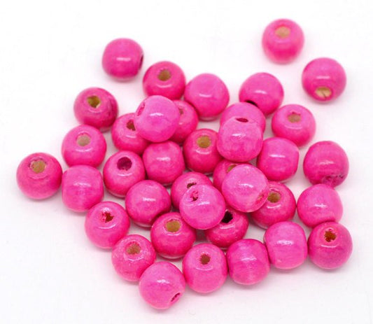 BD320 - 200 pcs Hot Pink Fuchsia Wooden Wood Round Spacer Beads - 10x9mm