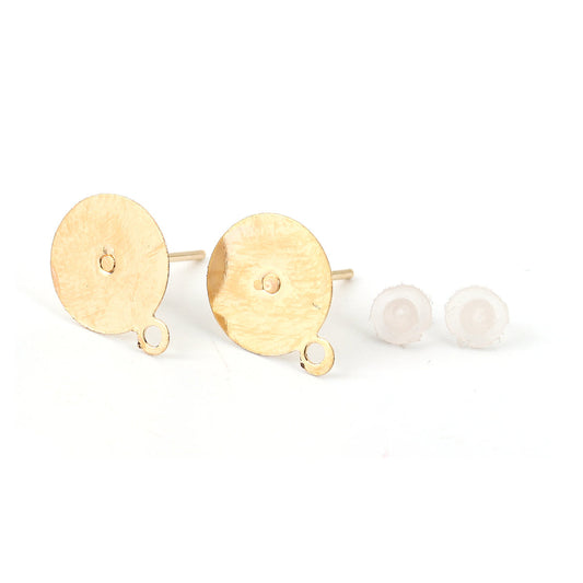 E353 - 50 pieces (25 pairs) Gold Plated Earring Posts/Bases/Studs/Settings with Loop and Rubber Backs - 12mm x 10mm - 10mm Glue Pad Diameter