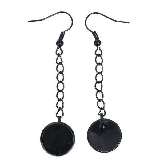 E040 - 2 pcs (1 pair) Black Earring Dangle Hooks Settings Bezels Cabochons - 12mm Glue Pad Setting - 60mm (2 3/8") x 14mm (1/2")
